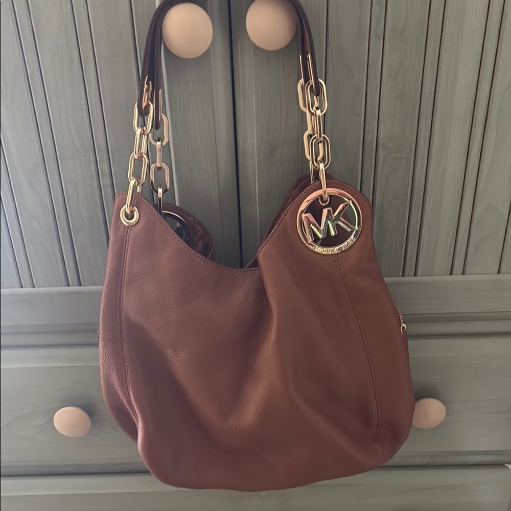 Michael Kors Brown Pebble Leather Shoulder Bag with Chain-Link Strap